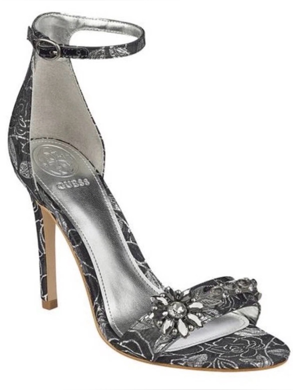 Guess Partyer Ankle Strap Heels Black Silver Metallic Jacquard High Heels 9